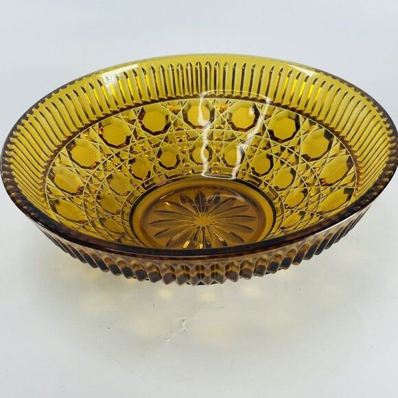 Vintage Amber Windsor Depression Glass Bowl  7.5" Cane & Button Indiana - Picture 1 of 10